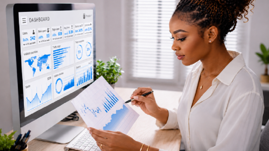 Analyste marketing examinant des données d'affiliation betting sur un écran